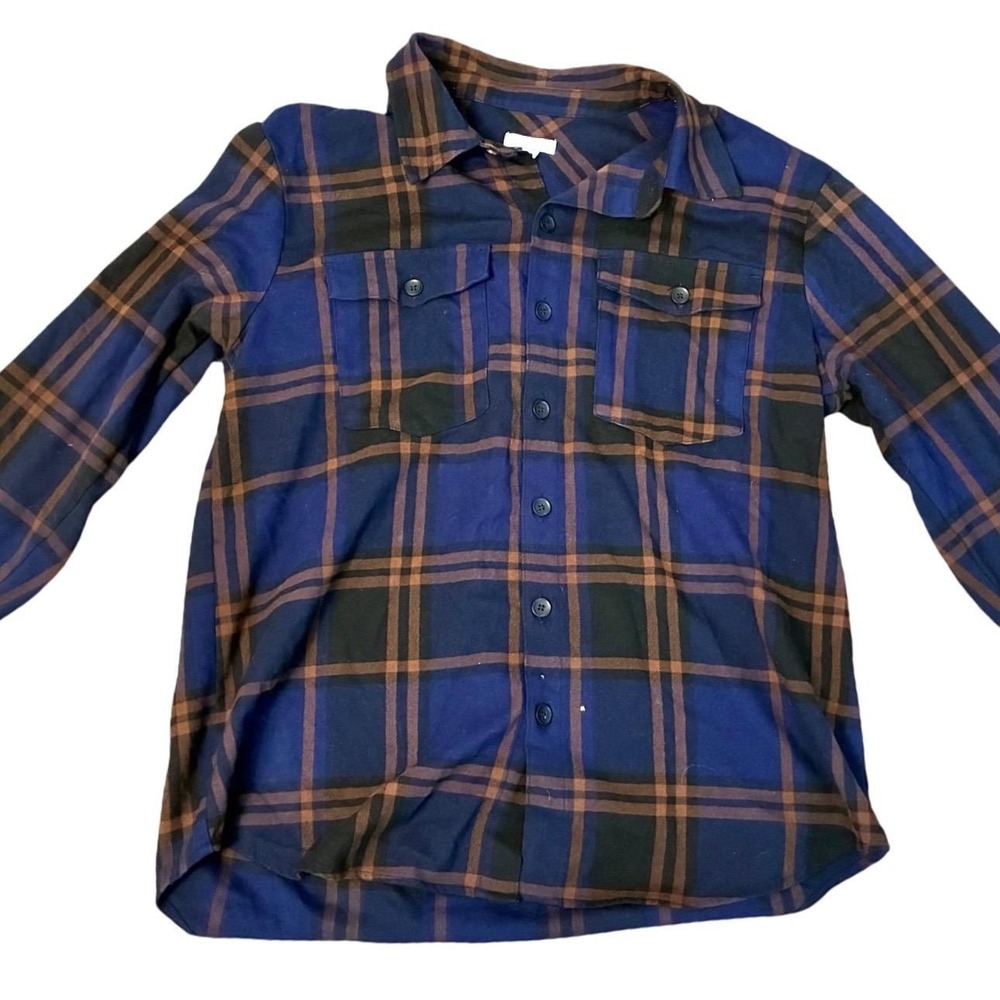 GOOD AMERICAN Wmns Sz 3/US Large Blue Rinse Plaid Flannel Button Up Shirt Rugged